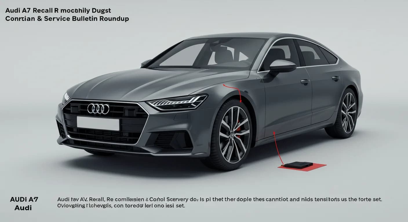 Audi A7 April 2026 safety roundup — editorial illustration