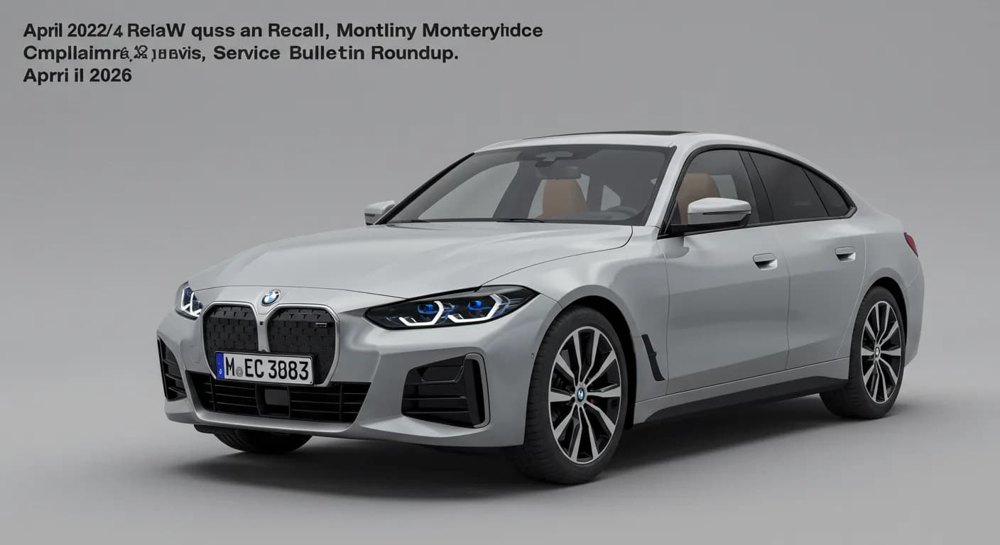 BMW i4 April 2026 safety roundup — editorial illustration
