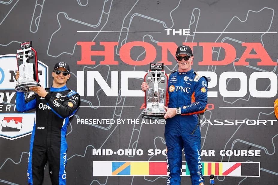 #10: Alex Palou, Chip Ganassi Racing Honda, #9: Scott Dixon, Chip Ganassi Racing Honda on the podium