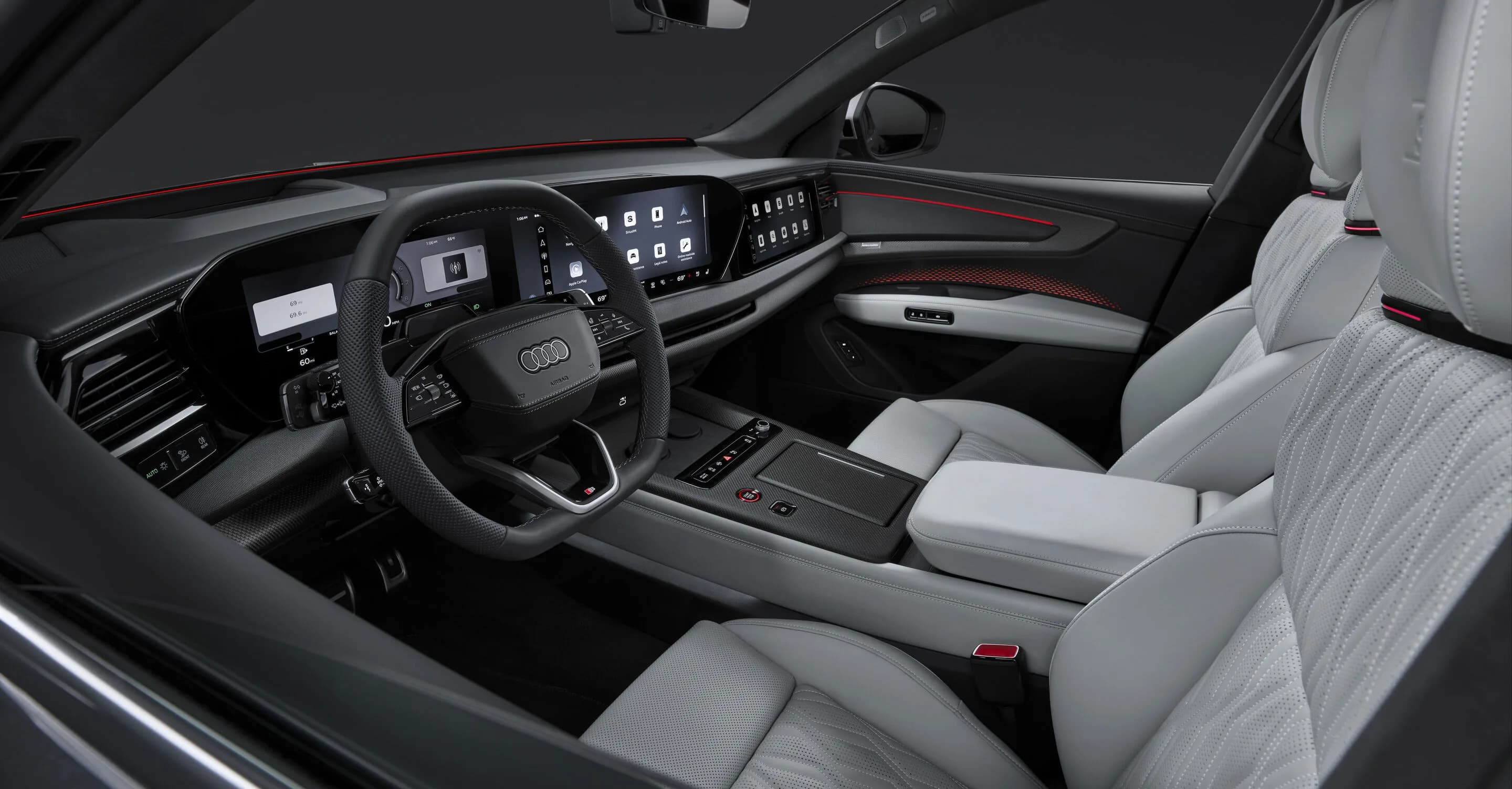 Audi Q9 - Studio photo, interior, steering wheel, infotainment, front sport seats