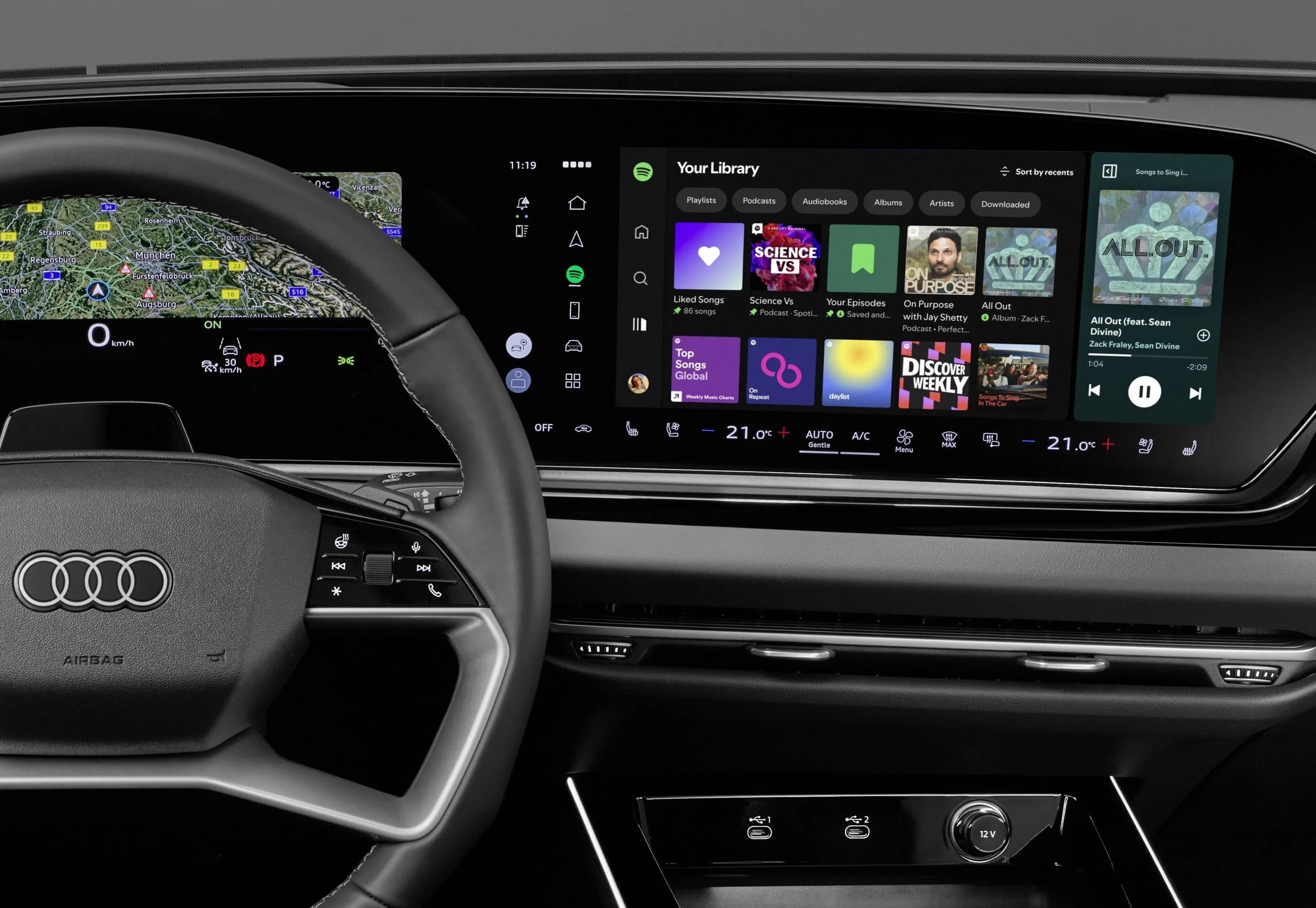 Spotify in-car app in the Audi MMI - Interior view of the native Spotify in-car app in the Audi A6 e-tron and Audi Q6 e-tron models, as well as the Audi A5, Audi Q5 and Audi A6 from model year 2026 onwards