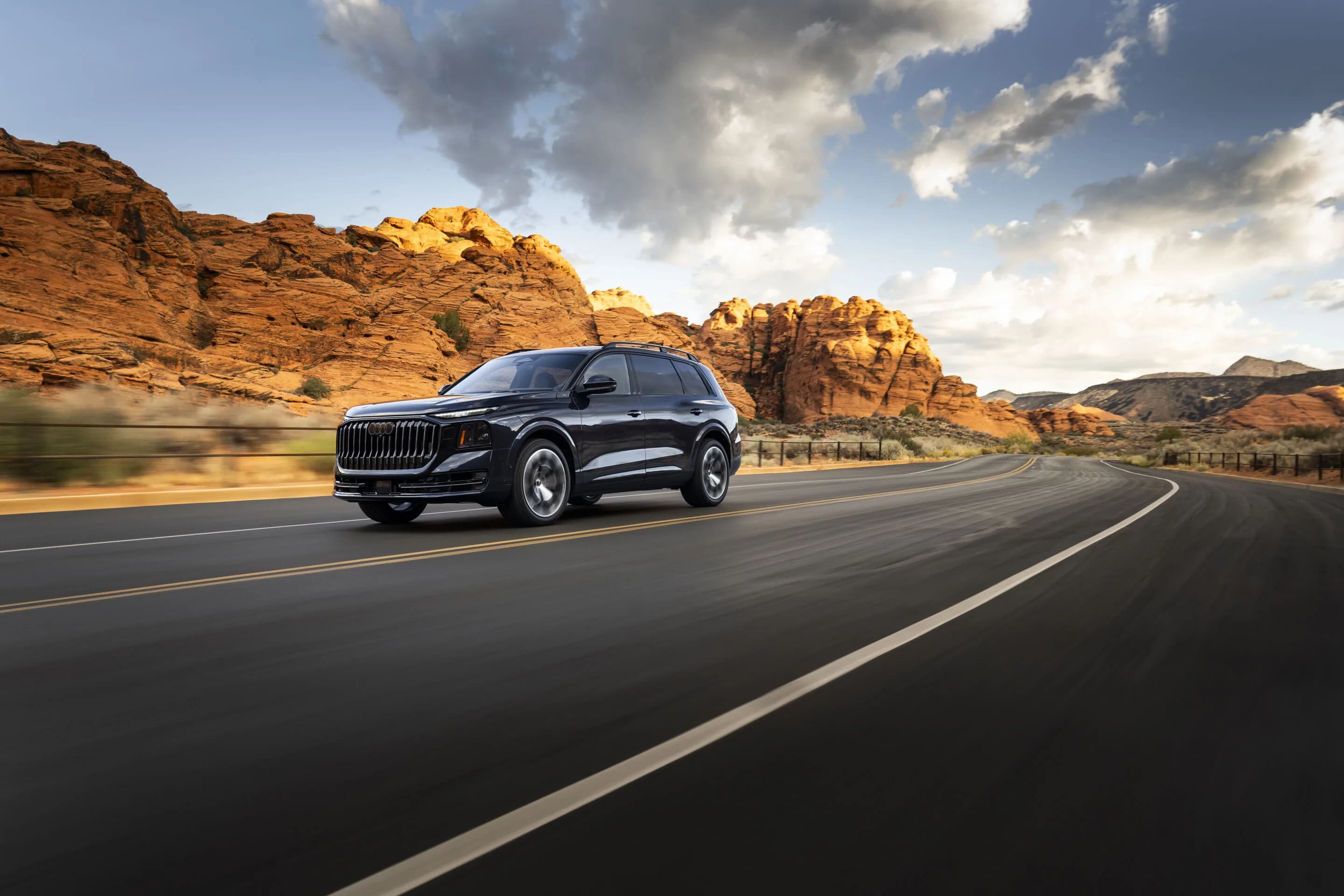 Audi Q9 SUV - Audi Q9 SUV in Waitomo blue metallic in Utah. The Audi Q9 is the new pinnacle of the Audi portfolio. With its powerful presence on the road, it makes a statement and stands out for its technical excellence, quality and safety.