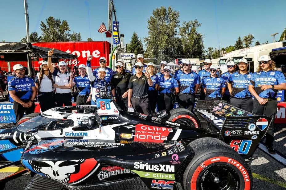 NTT P1 Award winner #60: Felix Rosenqvist, Meyer Shank Racing w/Curb Agajanian Honda celebrates his pole run with his team