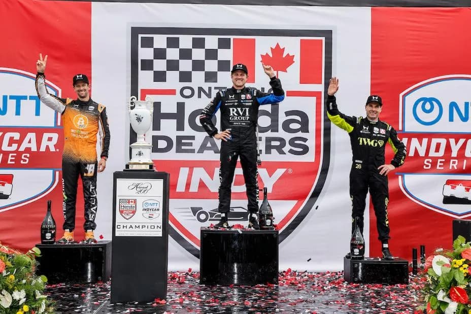 #18: Romain Grosjean, Dale Coyne Racing Honda, #28: Marcus Ericsson, Andretti Global Honda, #26: Will Power, Andretti Global Honda on the podium