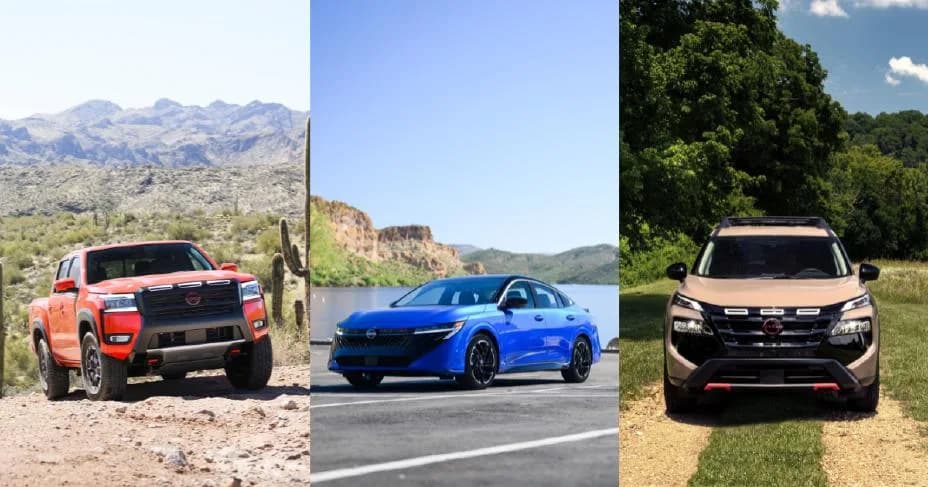 A collage of three Nissan models in three different settings.