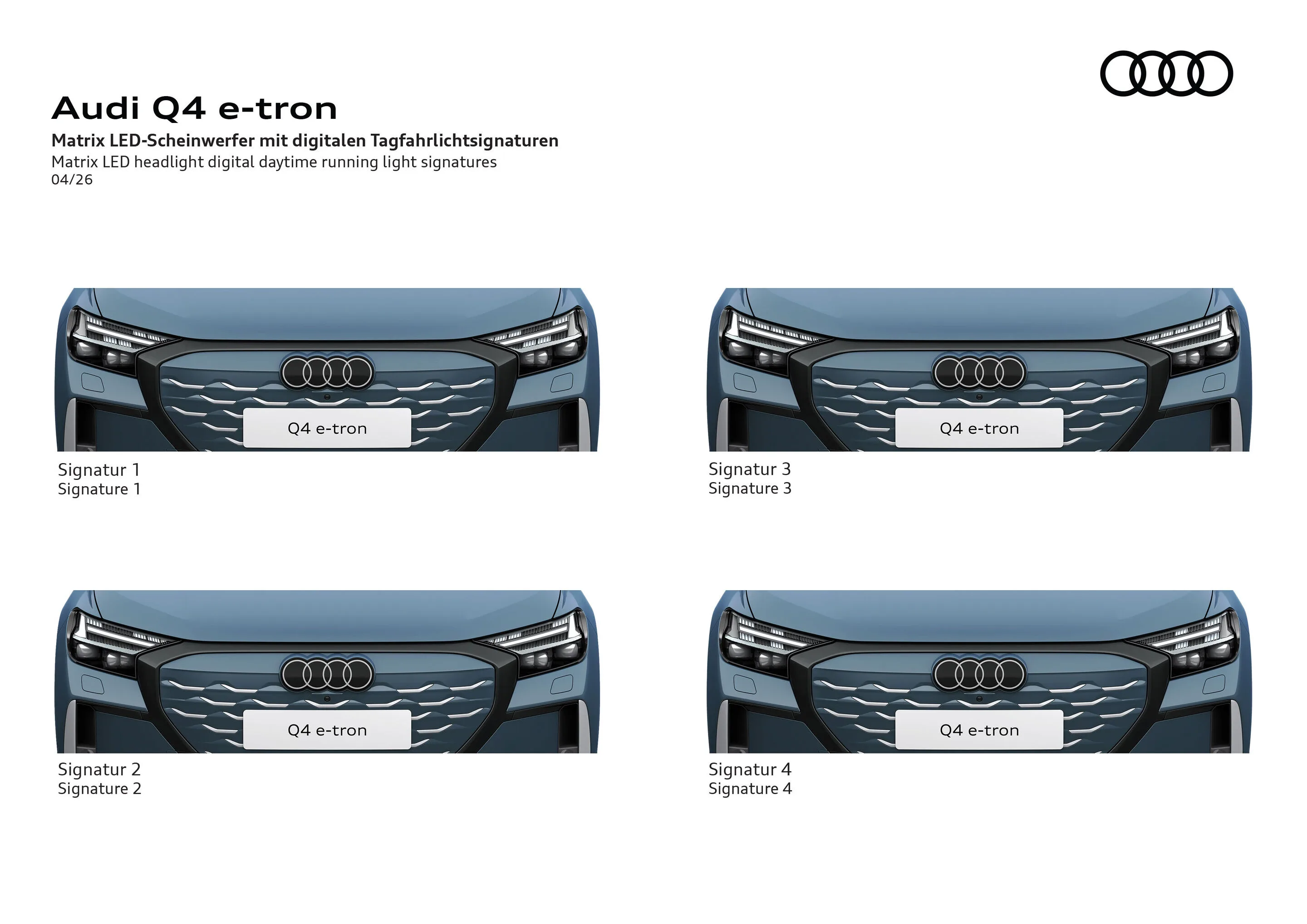 Illustration - Audi Q4 e-tron - Front views of the Audi Q4 e-tron with Matrix LED headlights and digital daytime running light signatures.