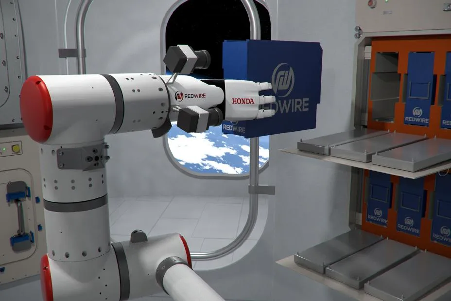 Concept rendering of a robotics solution that combines the Honda multi-fingered robotic hand with Redwire's STAARK robotic arm and experiment locker technology to automate research activities aboard future commercial space stations