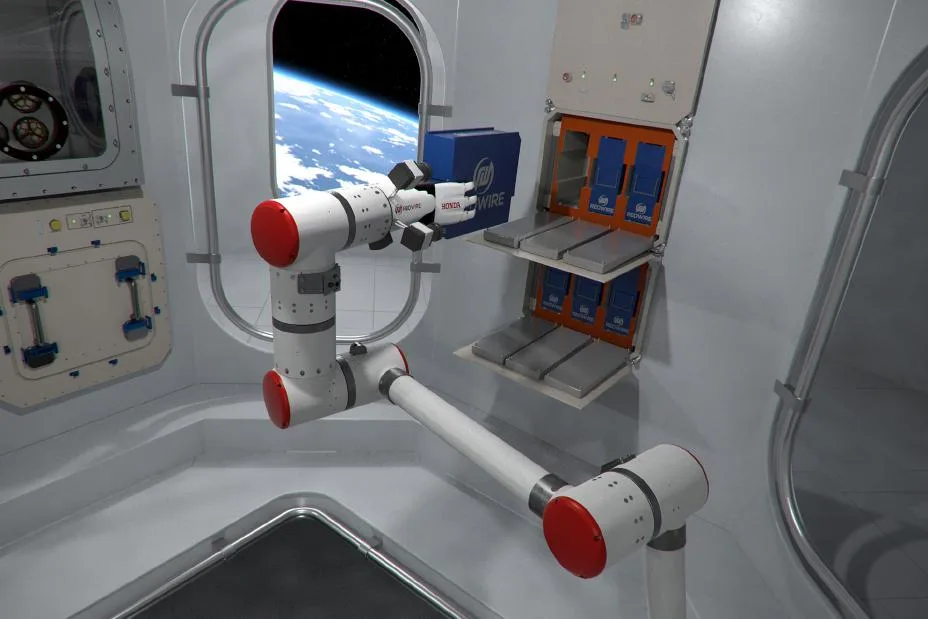 Concept rendering of a robotics solution that combines the Honda multi-fingered robotic hand with Redwire's STAARK robotic arm and experiment locker technology to automate research activities aboard future commercial space stations