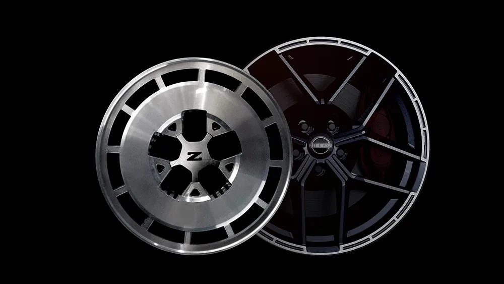 The Nissan Z wheels against a black background.