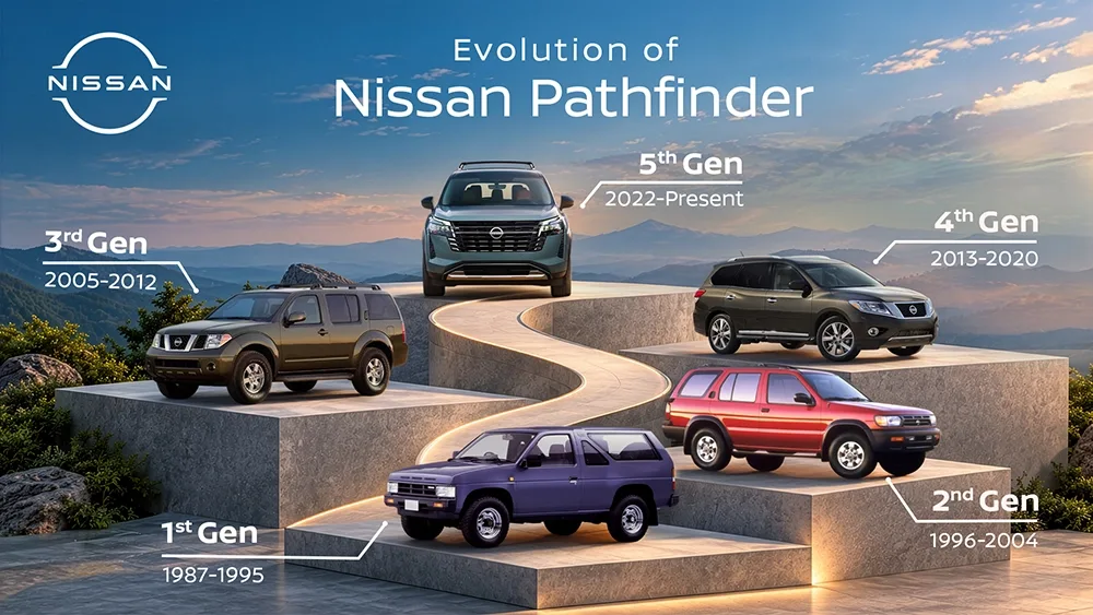 A graphic of multiple generations of the Nissan Pathfinder.
