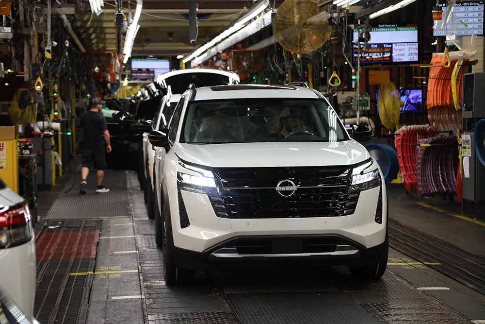 A 2027 Nissan Pathfinder on a manufacturing line.