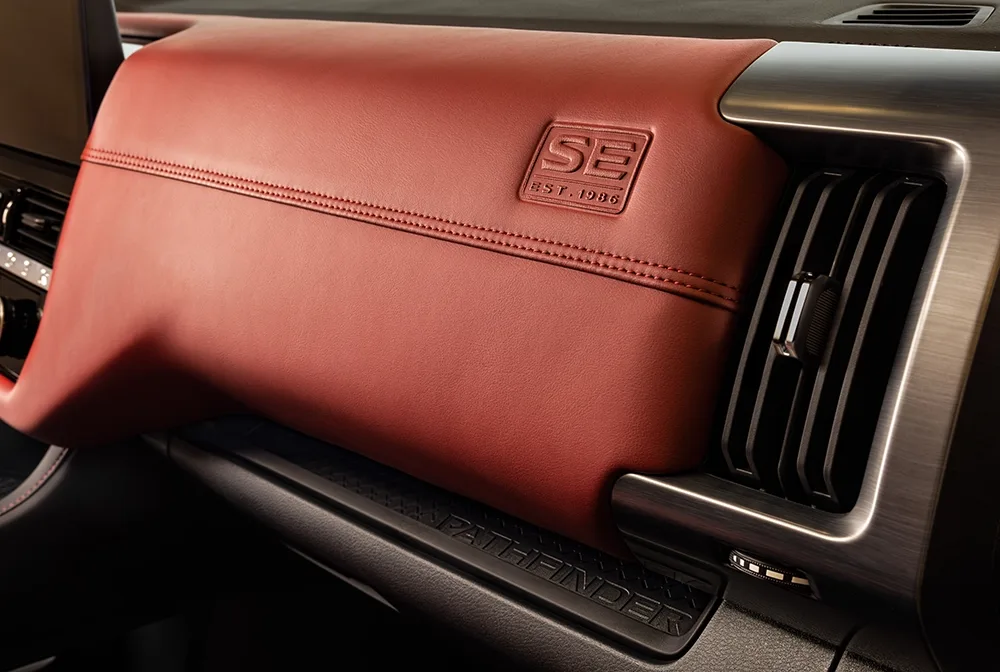 Close up of the textile and stitching on the dashboard of the 2027 Nissan Pathfinder Special Edition.